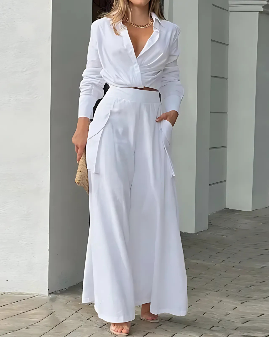 Conjunto Lisa | Decote em V - Linho Puro (Estilo Europeu)