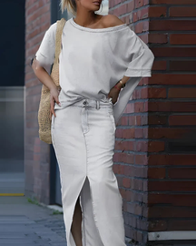 Conjunto Casual Fernanda - Gola Inclinada (Estilo Europeu)